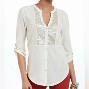 Anthropologie Tiny Sequin Placket Button Down Top Ivory Cream Embroidered Sz S